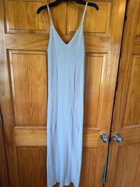 V-Neck Light Blue Maxi Slip Dress with Spaghetti Straps